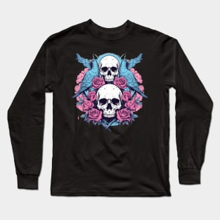 Double Skull With Flowers and Birds Long Sleeve T-Shirt